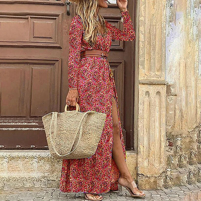 V Neck Print Long Dress