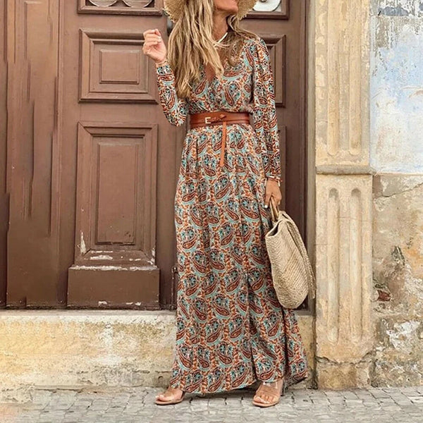 V Neck Print Long Dress